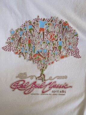 2009 Men's White Red Bud Classic Tee with Multicolor Race Tree Art